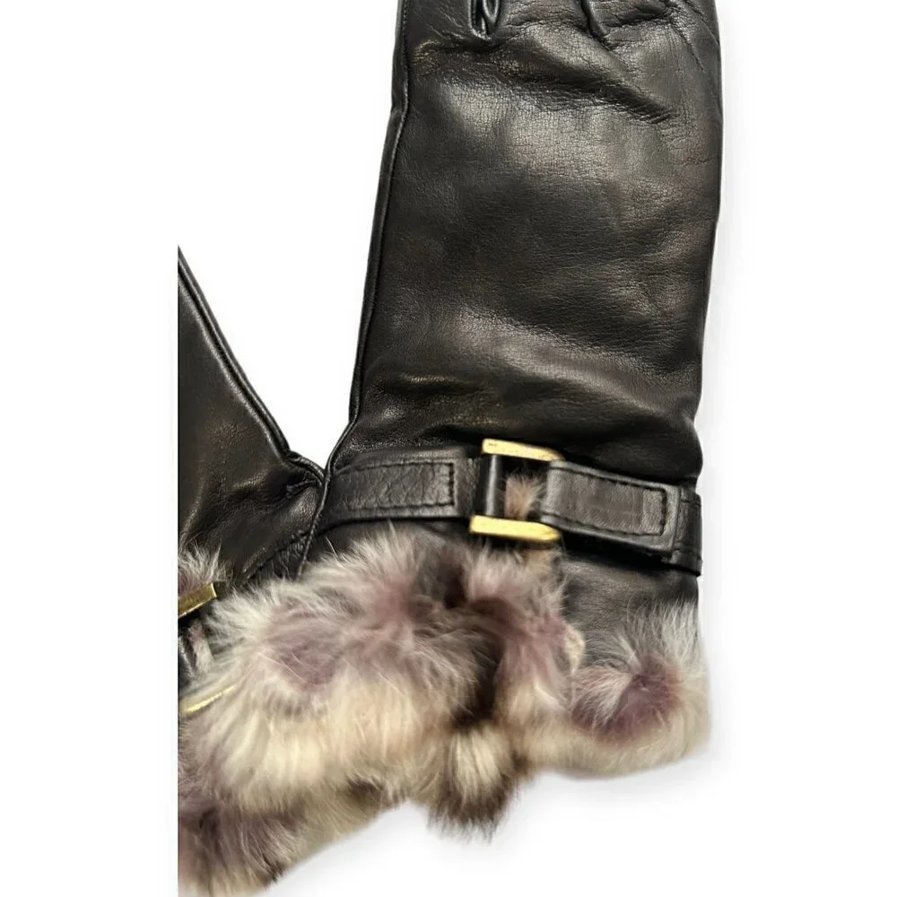 Sermoneta Leather Cashmere Lined gloves with Rabbit fur Trim size 7.5, Black NWT